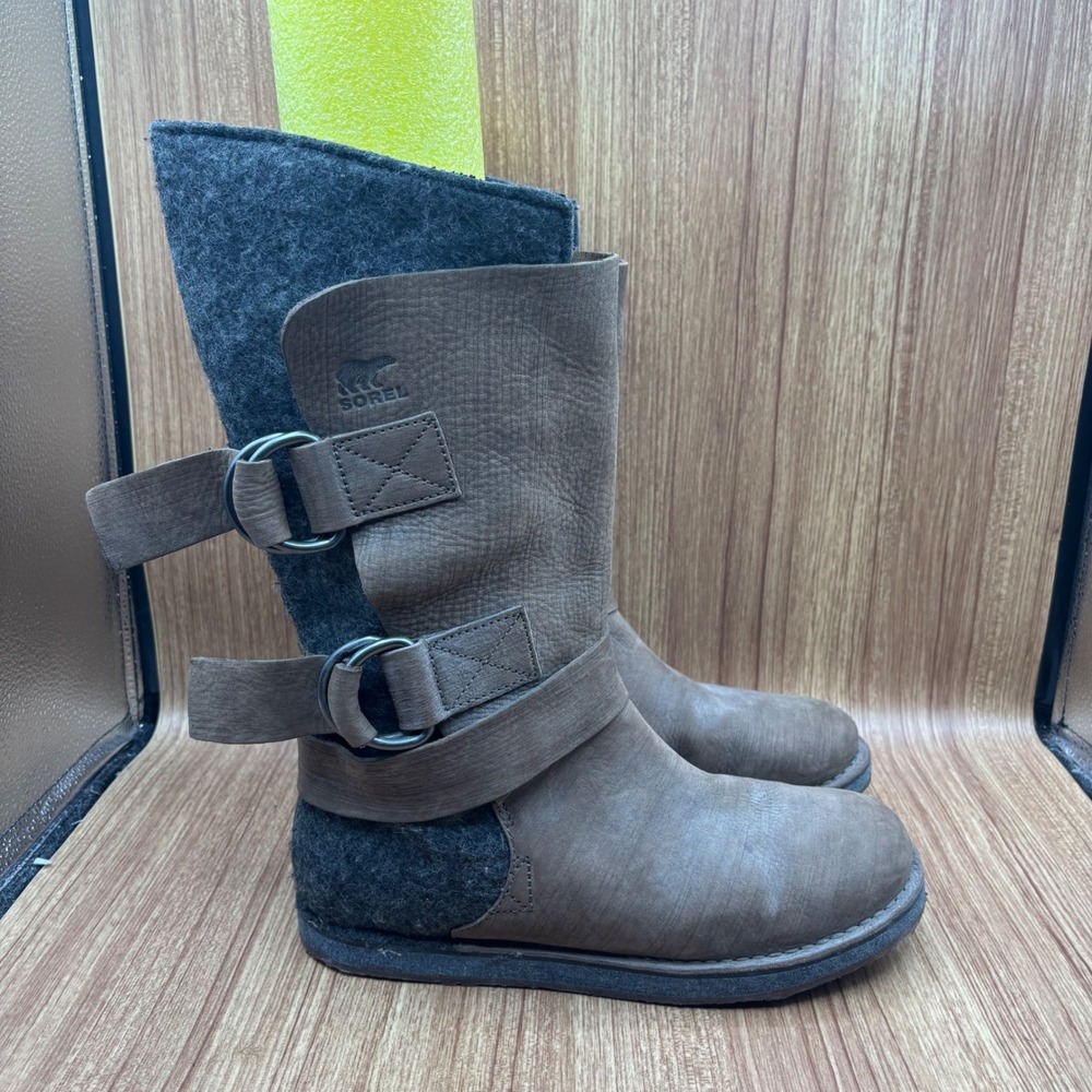 Sorel Chipahko Felt Boots Brown Grey Womens 10 Leather Buckle NL1880-245